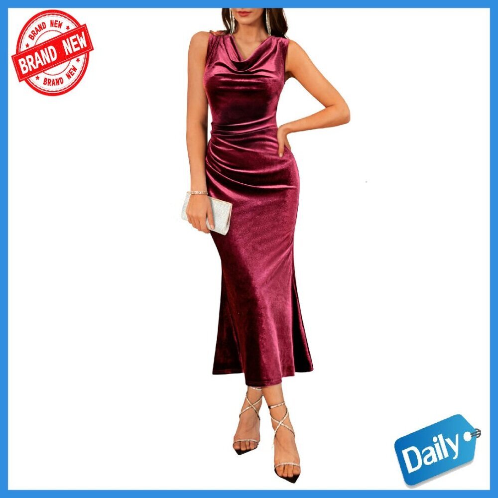 Velvet Mermaid Maxi Dress Formal Cowl Neck Wedding Guest Gown